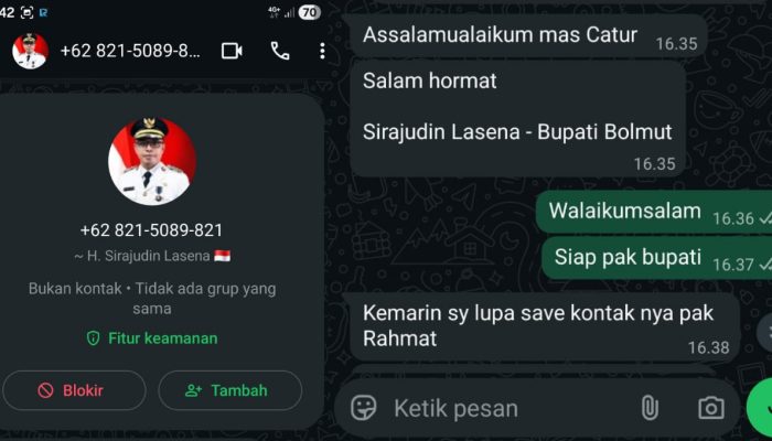 Akun WhatsApp Catut Nama Bupati Boltara Beredar, Warga Diminta Waspada Penipuan